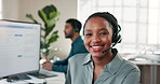 Call center, face or happy woman in agency with mic, tech support or about us in customer assistance. Laugh, headset or help desk agent with computer, CRM specialist or confidence as IT consultant.