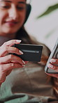 Phone, woman or hands with debit card in home for music, payment or premium streaming service. Money transfer, banking or happy person with tech for credit score, podcast subscription or headphones
