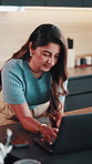 Kitchen, typing and woman on laptop for remote work, finance review and budget planning in home. Wfh, freelance and person on computer for financial report, research or proposal for wealth management