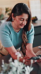Online shopping, credit card and woman with phone in kitchen, smile and search for discount in home. Ecommerce, purchase and happy person with mobile, scroll and digital payment with tech in house