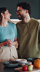 Couple, breakfast and meal prep in kitchen with cereal, chat and bonding together with healthy diet. Happy, married people and discussion in home with wellness, nutrition and oats for ingredients.