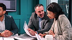 Manager, team and review in boardroom with document, meeting or analyst advice for sales performance. Boss, people and talk in office with paperwork, revenue data and market research for business.