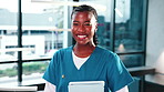 Nurse, woman and tablet in hospital with laugh for medical advice, research and telehealth app. Black person, technology and internet connection at clinic with results, pride and happy by window
