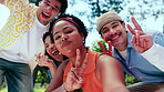 Face, selfie and friends outdoor with happiness, peace sign and social media post for connection. Together, diversity and people laugh in nature with picture, photography and finger heart in portrait