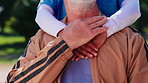 Support, nurse or old person with holding hands, fitness care or workout solidarity in nature. Compassion, doctor or senior patient with wellness assistance, training comfort or unity in active aging