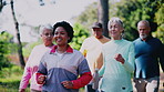 Coach, happy and old people outdoor for walking, active aging or group workout for wellness. Person trainer, nature or elderly friends with exercise, cardio or team fitness for retirement activity.