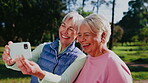Fitness, selfie and senior women at park, relax and profile picture after exercise or laugh together. Outdoor, photography and happy people on workout break, online and friends with memory in nature