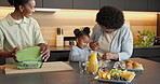 Grandma, mom and food preparation with child in kitchen for meal or kindergarten snack in home. Grandmother, mother and getting ready with daughter for back to school nutrition, fruit or vitamin C