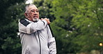 Senior, man and fitness injury with shoulder pain in park for outdoor strain or muscle tension. Elderly, male person or sore ache with discomfort for joint inflammation or fibromyalgia in nature