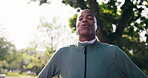 Fitness, woman and smile at park with deep breath, post exercise or calm nervous system for wellness. Happy athlete, black person or exhale outdoor for workout cool down, active practice or fresh air