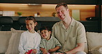 Happy, face and dad with kids on sofa for bonding, connection and playing together on weekend. Family, portrait and father with children for affection, development and relationship in living room
