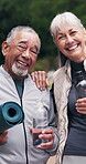 Fitness, face and old couple with smile, outdoor or laugh with water after physical activity at park. Happy, portrait and senior people with workout equipment on break, wellness or exercise in nature
