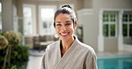 Spa, face and woman on break, laughing and smile for stress relief and confident on vacation. Resort, portrait and mature person on peaceful holiday, hospitality and happy for self care at hotel