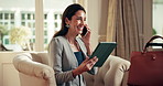 Business, hotel and woman in lobby with phone call for networking, internet and travel update. Hospitality, tablet and person on cellphone for conversation, communication and talking for schedule