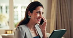 Business, hotel and woman with phone call for networking, internet and travel update on tablet. Hospitality, tech and person on cellphone for conversation, communication and talking for schedule