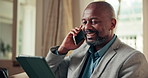 Business, hotel and black man with phone call for networking, internet and travel update. Hospitality, tablet and mature person on cellphone for conversation, communication and talking for schedule