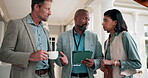 Tablet, talk and team with business people at conference for vip organizer, meeting and advice. Delegate registration, digital guest sign in and seminar coordinator with employee in hotel for help