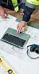 Above, blueprint and people on laptop for construction planning and building design for renovation. Architecture, hands and workers with floor plan for remodeling, engineering and tech for schedule