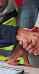 Handshake, meeting and engineer with people in warehouse for manufacturing, expansion and agreement. Construction, team and shaking hands with employee in workshop for contractor deal and woodwork