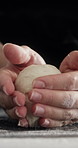 Baking, dough and hands of chef in kitchen at restaurant for pizza, bread or pastry recipe. Cooking, ingredients and culinary worker kneading batter for preparing food, meal or snack in diner.