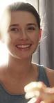 Woman, relax and talking at house with smile, discussion and calm morning for bonding together. Flare, happy and female person in lounge with people, conversation and unwind for weekend gathering
