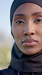 Face, athlete and black woman outdoor for fitness, exercise and sports training for health benefits. Portrait, muslim and female runner in nature for fresh air, physical activity and wellness routine