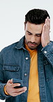 Stress, phone and man in studio with worry for scam notification, fintech loss and bad news. Confused, white background and person on tech with debt, mistake and crisis for digital gambling app