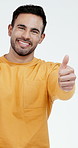 Face, happy and man with thumbs up in studio for approval, agreement and yes for recommendation. Portrait, white background and person with emoji for success, good review and feedback for opinion