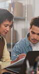 People, laptop or clipboard in small business for logistics, supplier info or review stock on web. Entrepreneur, tech or employee in warehouse for distribution schedule, writing inventory or teaching