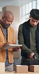 People, scanner and box at startup with tablet, inventory and shipping address for tracking order. Team, review and barcode in office with tech, stock availability and distribution cost for ecommerce