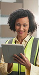 Smile, woman and logistics at startup with tablet, stock checklist and confirm order for delivery. Happy, African person and review at depot with tech, inspection and quality control for distribution