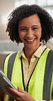 Face, woman and logistics at startup with tablet, stock checklist and confirm order for delivery. Portrait, smile and African person at depot with tech, supply chain and shipping agenda for ecommerce