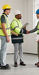 People, construction or meeting with handshake on site for architecture deal or team contract. Electrician, builder or architect shaking hands with tablet for building design, security or safety plan