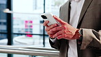 Hands, lawyer and reading in office with phone, contact witness and new evidence for court case. Person, attorney and review at law firm with mobile, upcoming trial and report for proceedings verdict