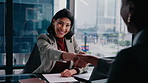 Office, business people and woman with handshake for meeting, deal or investment partnership. Corporate, happy and workers shaking hands for finance agreement, negotiation and merger with consultant