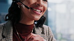 Telemarketing, woman and discussion in office with smile, advice or offer deal for insurance premium. Space, happy person and conversation in call center with lead generation, sales and policy cover.
