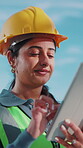 Builder, scroll and woman with tablet, outdoor or plan for renovation project with digital blueprint. Construction worker, online and happy person with tech, low angle and building schedule on web