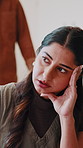 Thinking, woman and stress at house with argument, disagreement and dispute of emotional distance. Annoyed, female person and couple in home with conflict, cheating accusation and toxic relationship