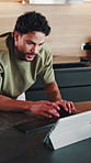 Remote work, keyboard or man in home with tablet, digital draft or proofreading in ebook development. Happy, WFH and author with tech, literature research or manuscript edit for online publication.