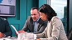 Manager, people and review in boardroom with document, meeting or analyst advice for conversion rate. Boss, team and discussion in office with paperwork, sales data and market research for business.