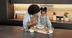 Grandma, child or bonding in baking kitchen for family recipe or dessert together in home. Grandmother, granddaughter or junior baker with ingredients or bowl for culinary art or learning in house