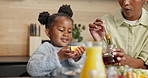 Bonding, mom or kid in home with breakfast, quality time or child growth in healthy relationship. Wellness, happy or black family with childcare, connection or morning meal for childhood development.