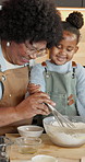 Baking, grandmother and kid with whisk in kitchen for help, talking or teaching with happiness. Black family, girl and grandma mix dough, laughing and learning for culinary skill development at home