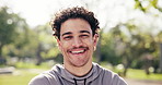 Fitness, face and man outdoor with laugh, positive attitude and workout hobby on weekend break. Happy, bokeh and athlete in park with joke reaction, confidence and good mood in training activity.
