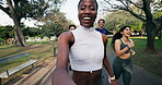 Face, woman and running in park with selfie, photography and social media vlog for sports marathon. Portrait, people or smart watch outdoor with pov, profile picture and fitness progress of challenge