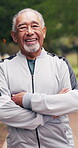 Fitness, face and old man with arms crossed, outdoor or confident for health after physical activity. Laughing, portrait and senior person with pride on workout break, wellness and exercise at park