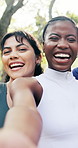 Face, fitness and happy people with selfie in nature for capture moment, memory or photography. Portrait, active group or friends with smile or social media for picture or outdoor exercise together