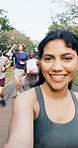 Face, influencer and woman in park for running club, exercise and active with friends outdoor. Portrait, pov and happy person with video for workout, fitness and content creation for social media