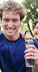 Face, fitness and happy people in nature for outdoor selfie, photography or workout together. Portrait, active group or friends with smile or team for capture moment, picture or memory in park