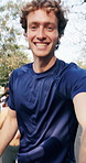 Face, influencer and man outdoor for running club, exercise and motivation with friends outdoor. Portrait, pov and happy person with vlog for workout, fitness and content creation for social media